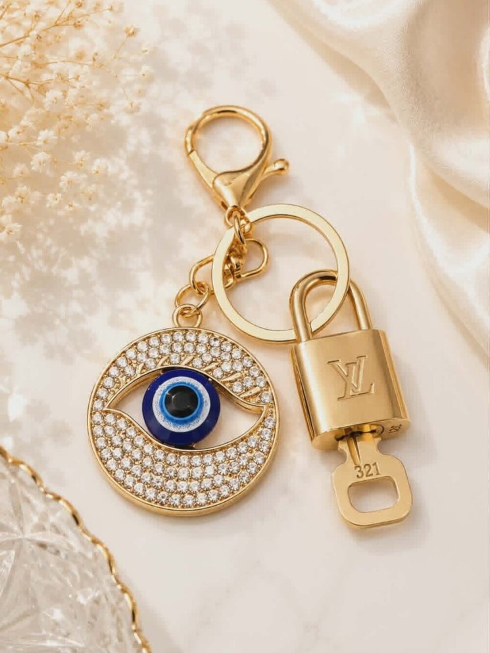 LV Gold Padlock & Key 🔒 Authentic Louis Vuitton Bag Unbranded Evil Eye Charm